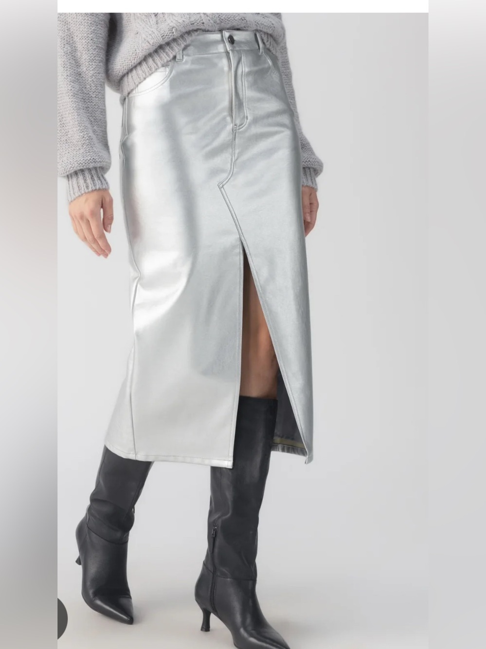 Sanctuary Silver Metallic Faux Leather Midi Skirt Front Slit Size 27